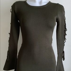 Olive Green Long Bell Lace Up Sleeve Rib Dress
